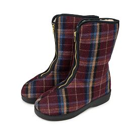 Women's sheep wool zip-up boots, burgundy checkered