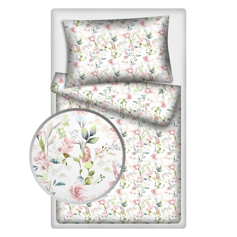 Cotton Bedding Floral Hummingbird White