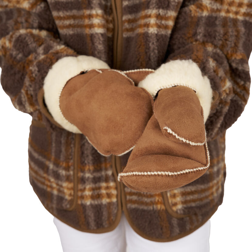 Leather mittens with sheep wool brown