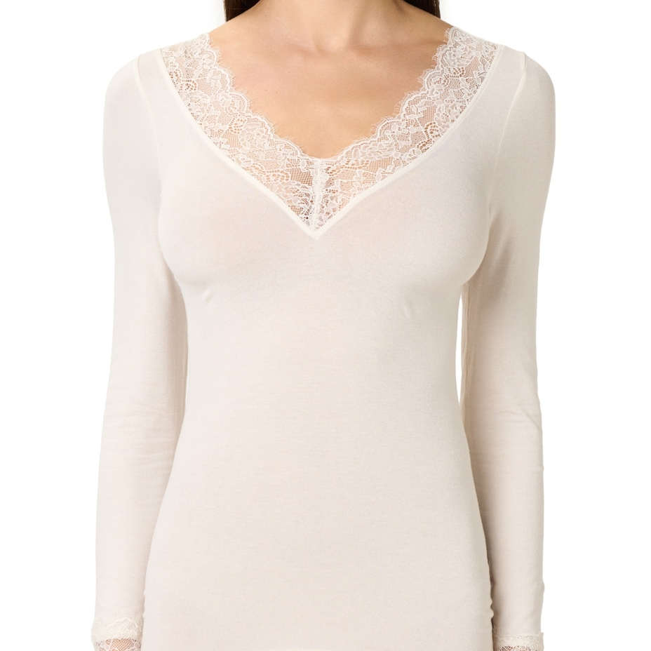 Women's long-sleeve cashmere T-shirt lace white