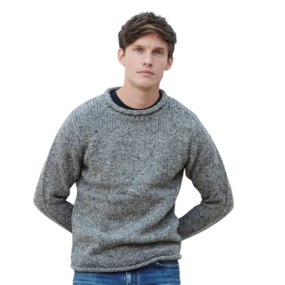 Men's wool sweater with rolled hems, grey