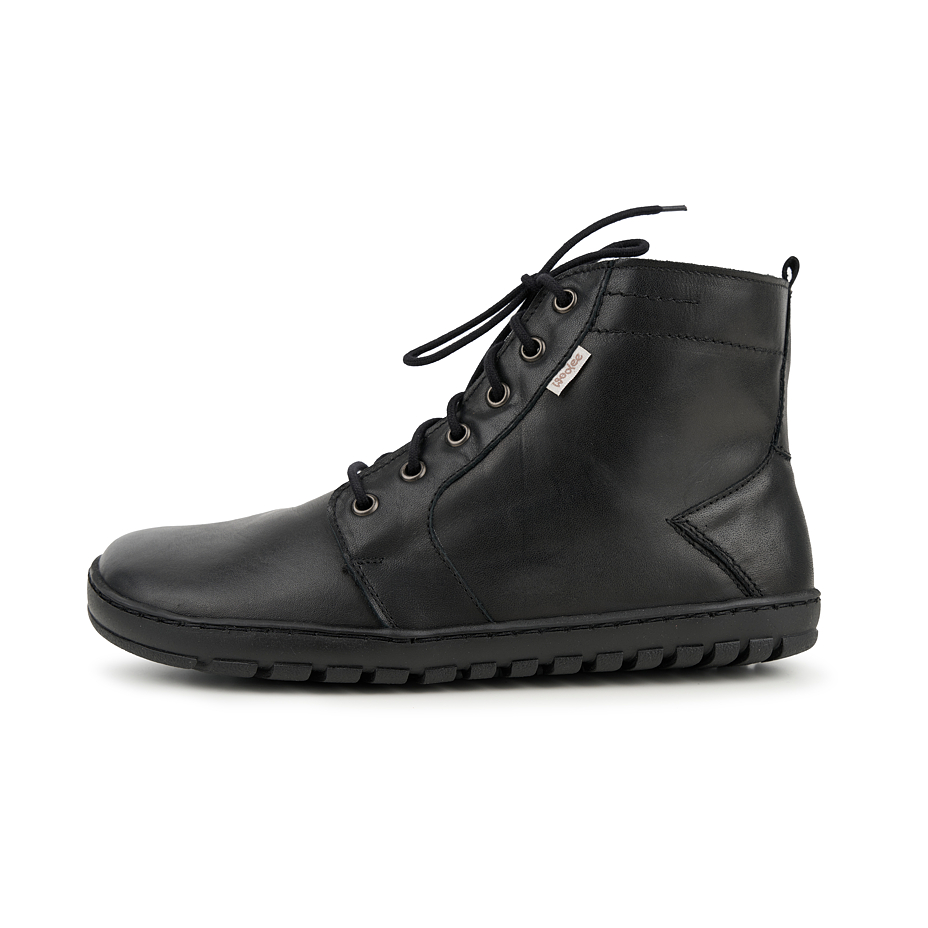 Women's barefoot leather Devon boots with dark sheep wool black