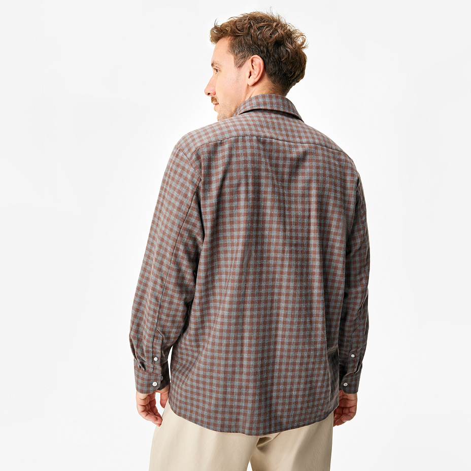 Men's flannel shirt with Merino wool, checkered blue-brown