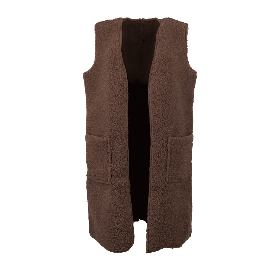 Long Merino vest with pockets brown
