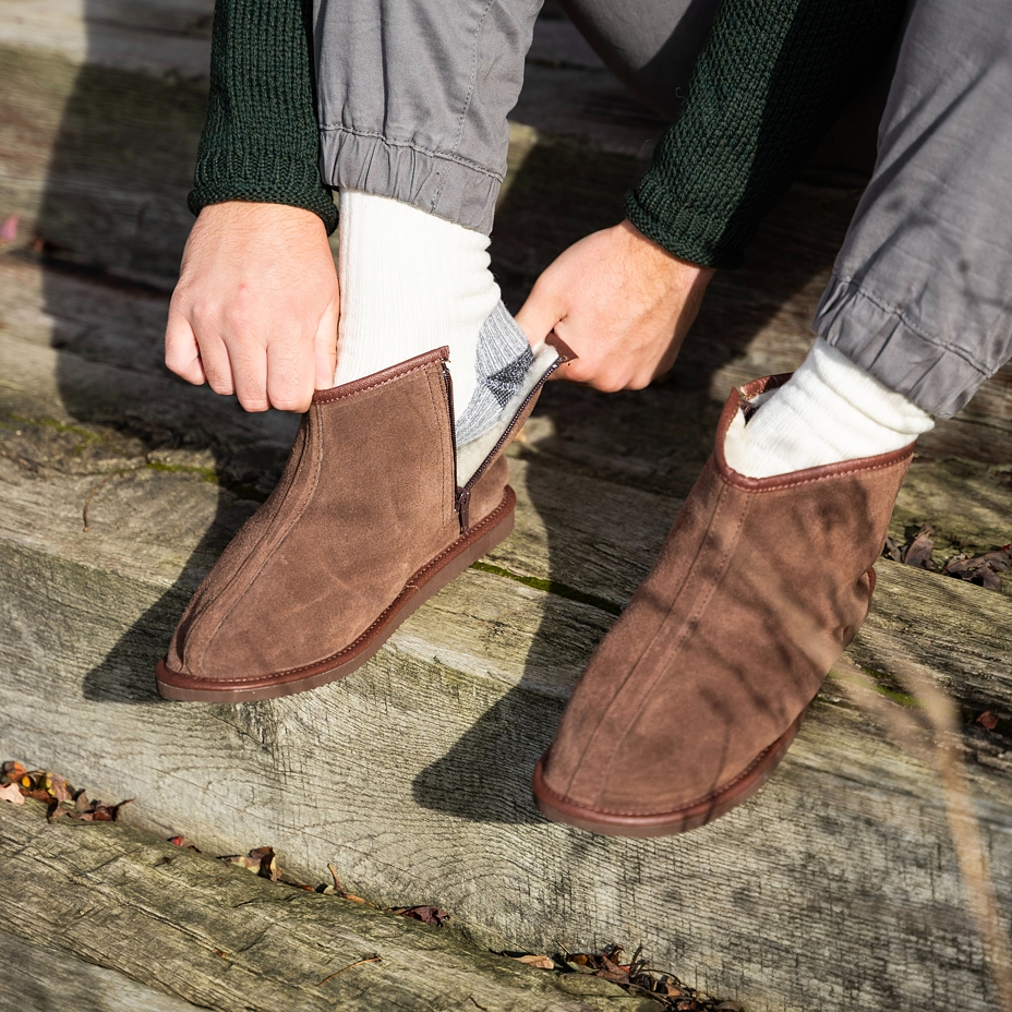 Leather Zip-up Slipper Boots with Wool Lining