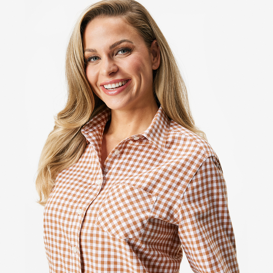 Women's flannel shirt with Merino wool, checkered brown