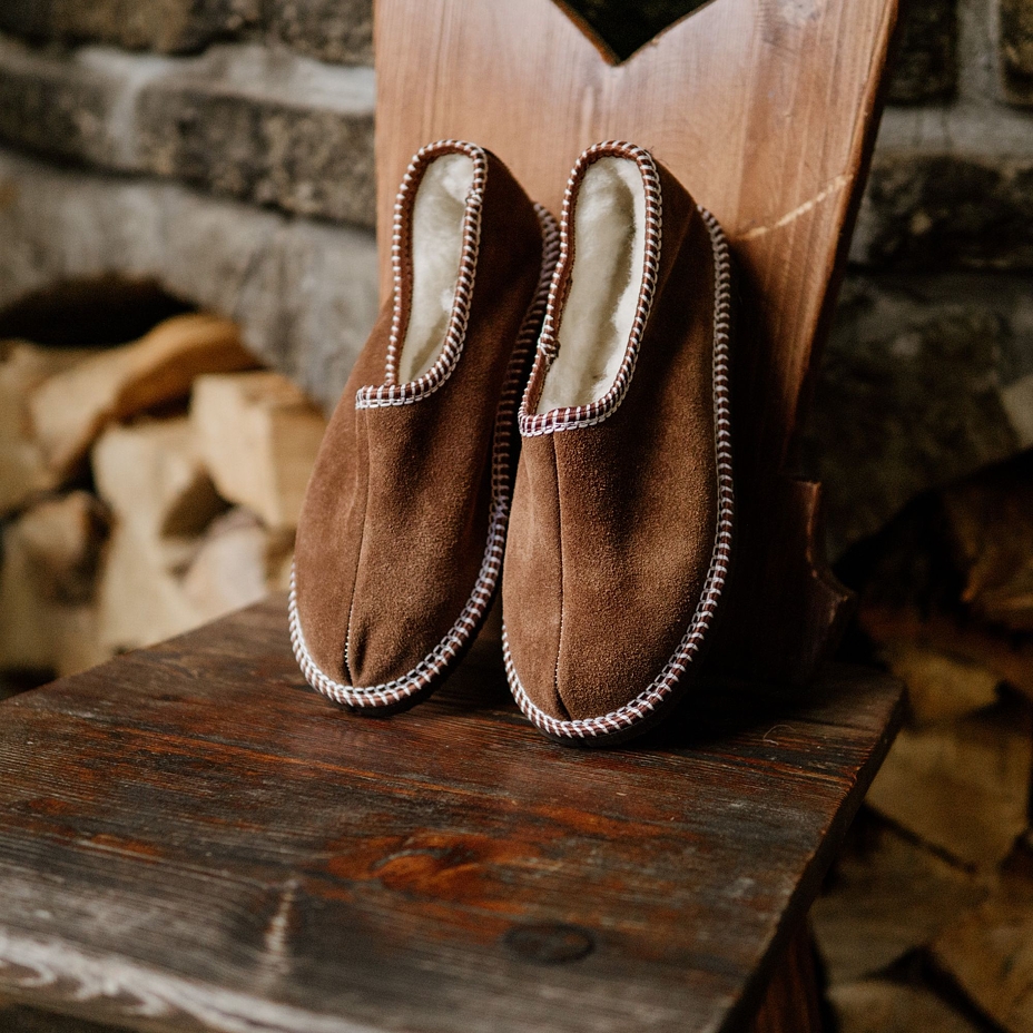 Leather Salašky Slippers with Wool Lining Brown