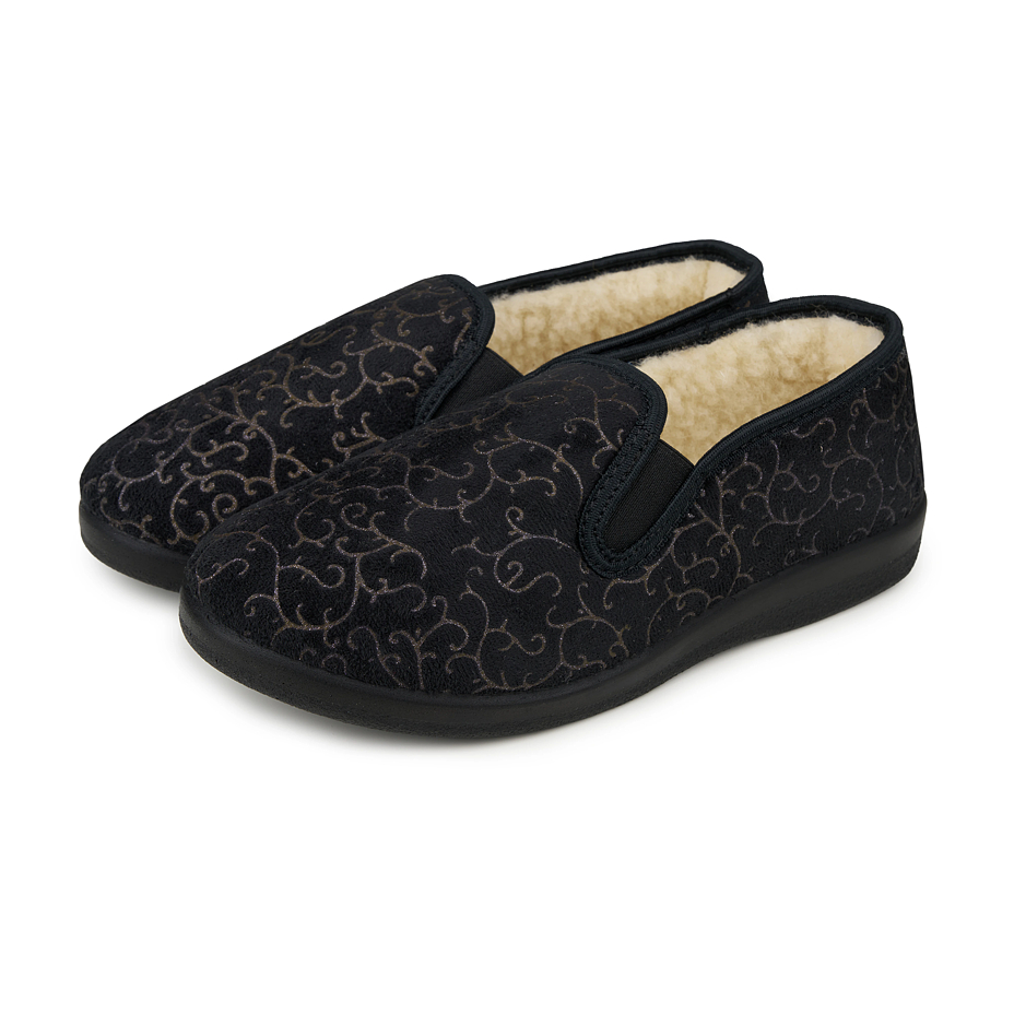 Women's non-slip Merino wool slippers with pattern black