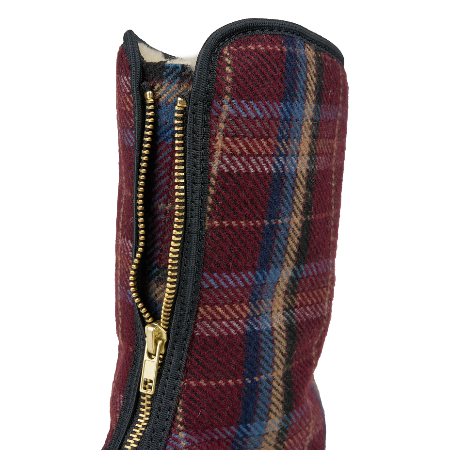 Women's sheep wool zip-up boots, burgundy checkered