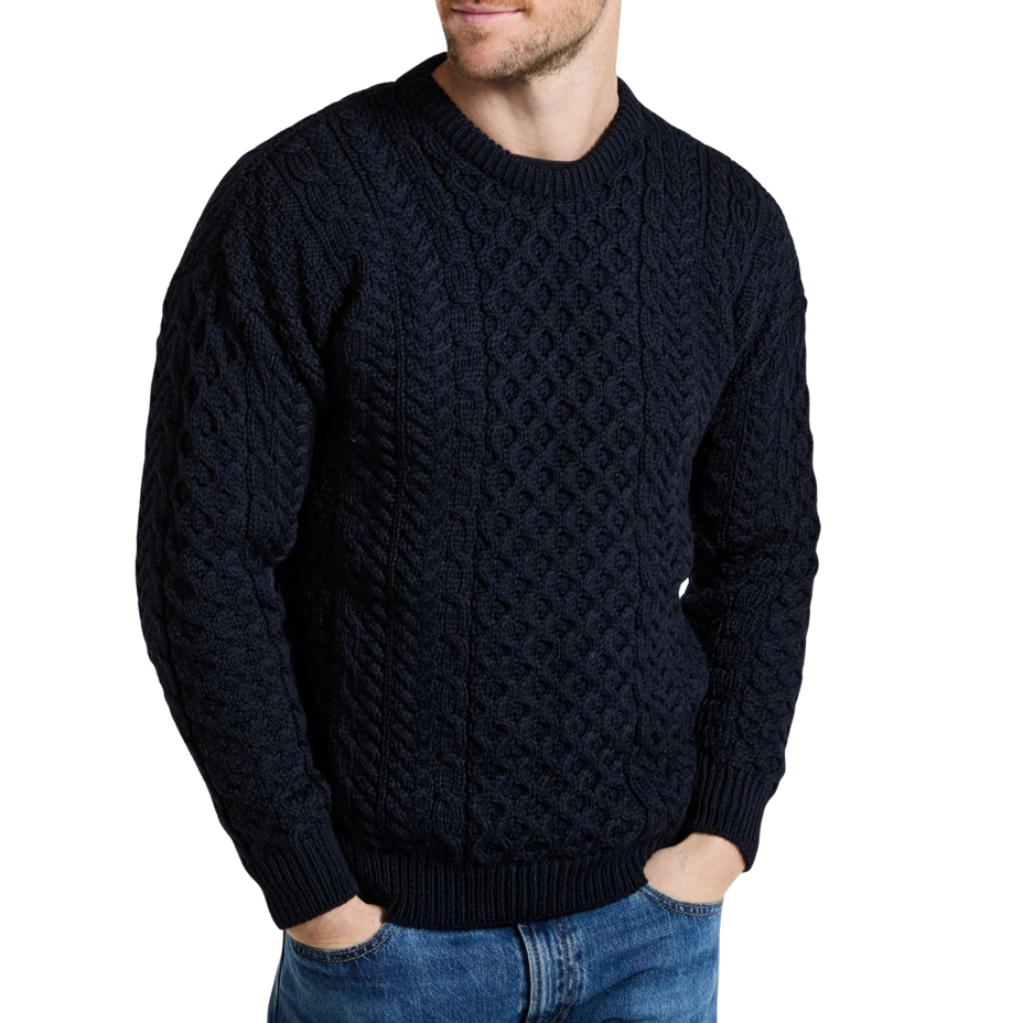 Men's Merino wool sweater with traditional pattern, dark blue