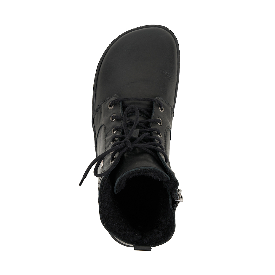 Women's barefoot leather Devon boots with dark sheep wool black