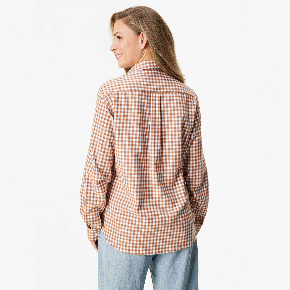 Women's flannel shirt with Merino wool, checkered brown