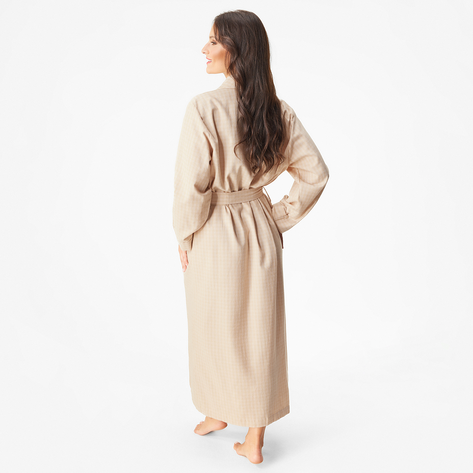 Women's flannel bathrobe with Merino wool stripe beige
