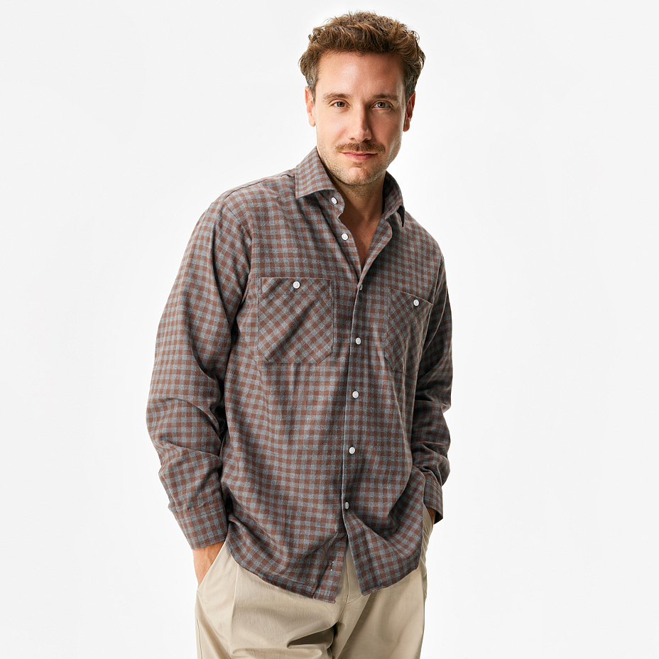 Men's flannel shirt with Merino wool, checkered blue-brown