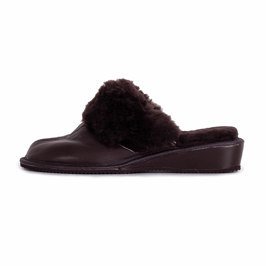 Women's leather wedge slippers with sheep wool Dark brown
