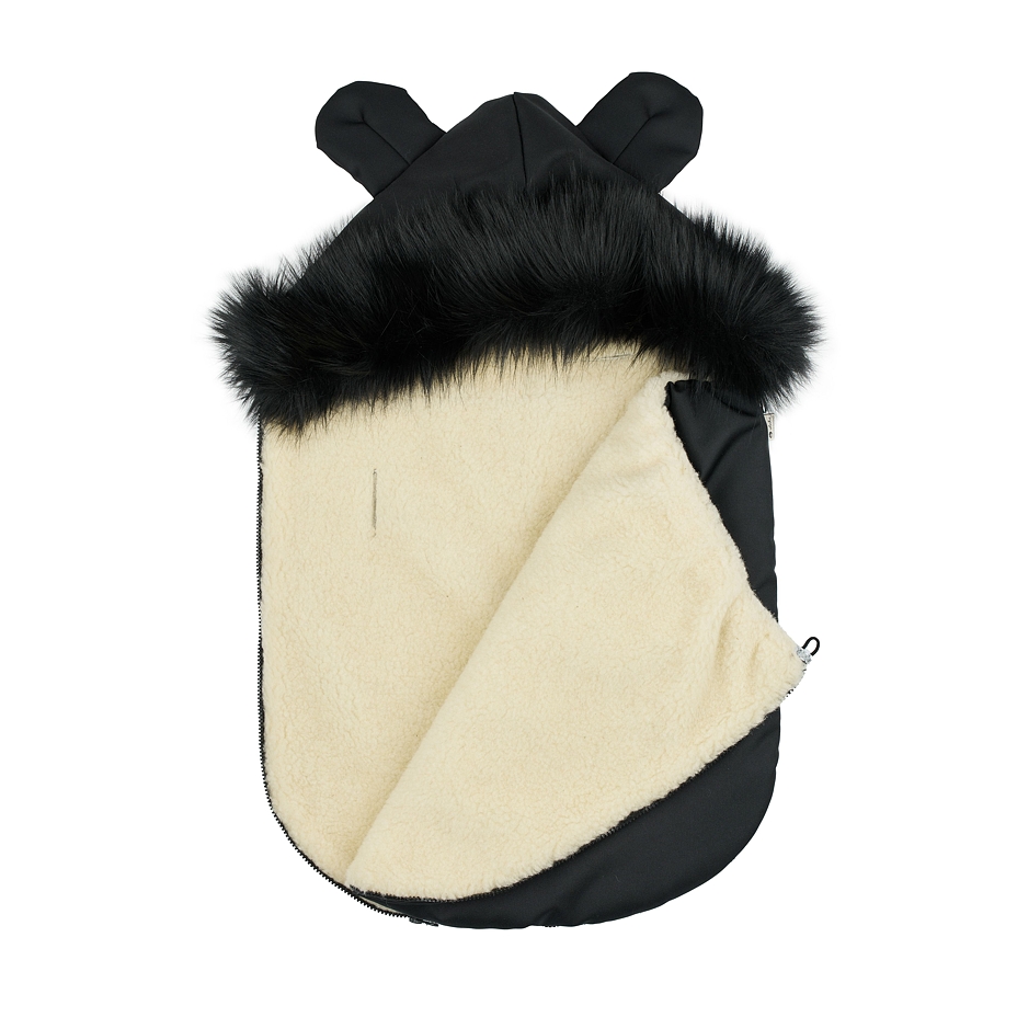 Footmuff  with Wool Lining and Fur Trim Black