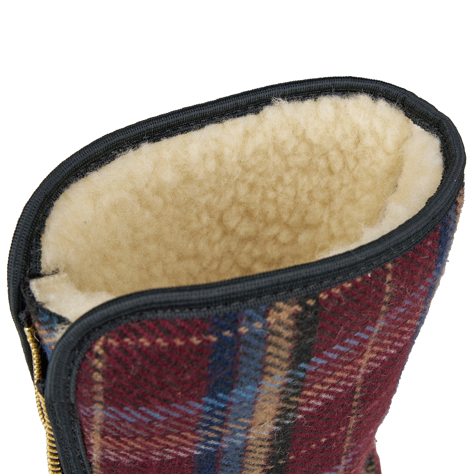 Women's sheep wool zip-up boots, burgundy checkered