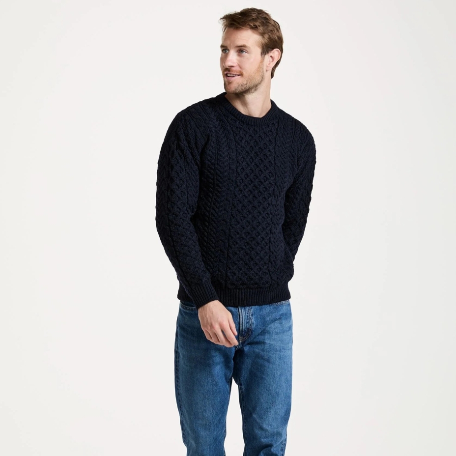 Men's Merino wool sweater with traditional pattern, dark blue