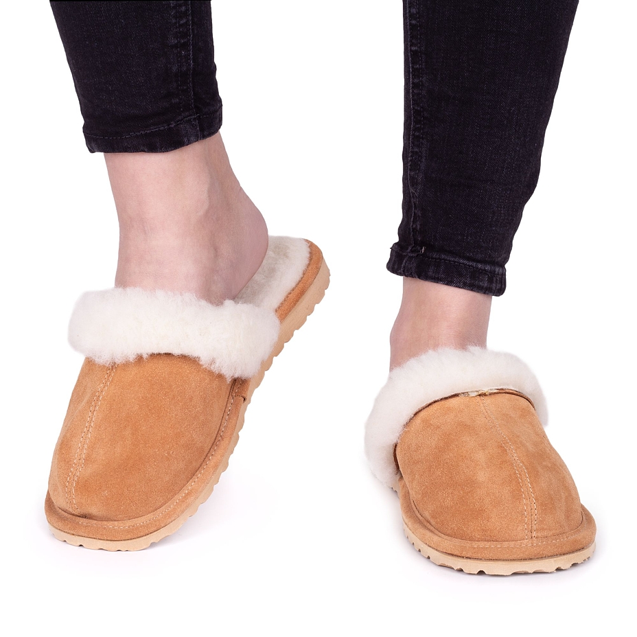Women's Marie Leather Slippers with Wool Lining Brown