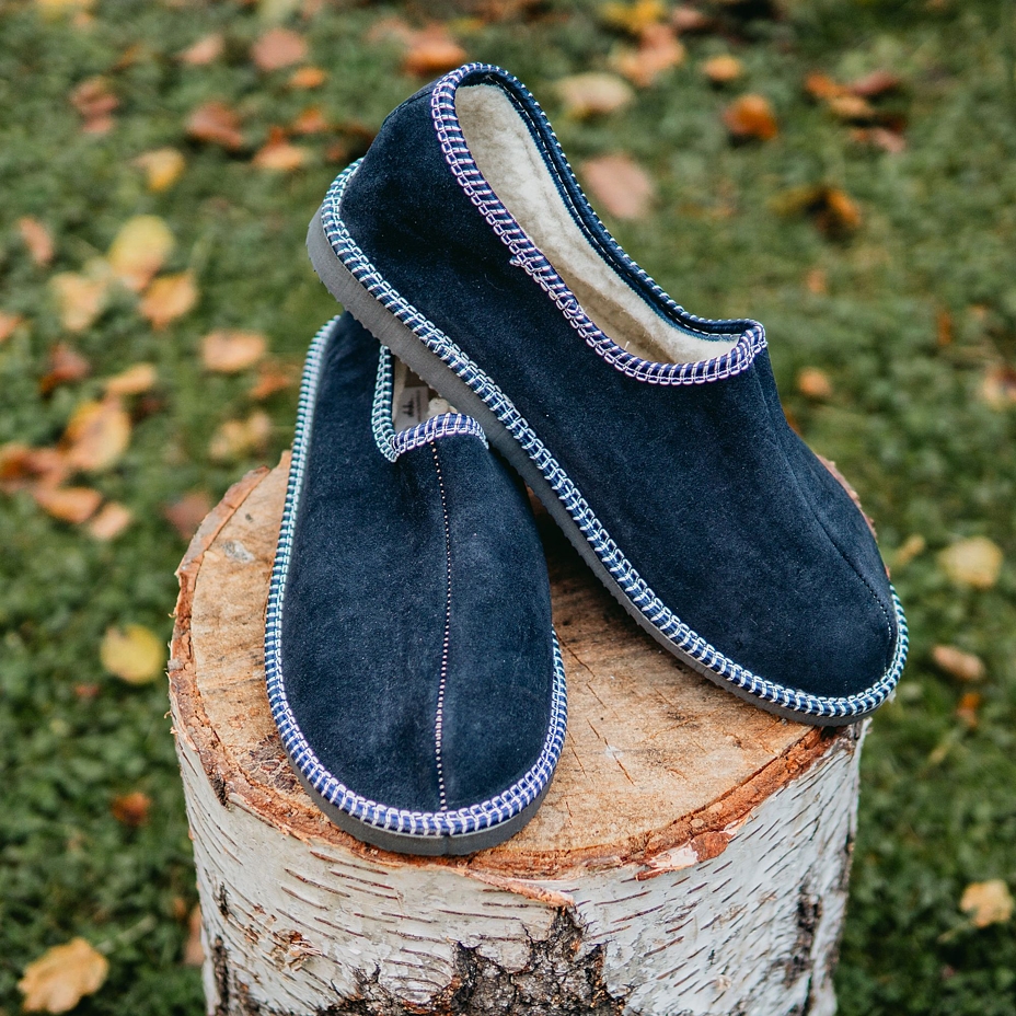 Leather Salašky Slippers with Wool Lining Dark Blue