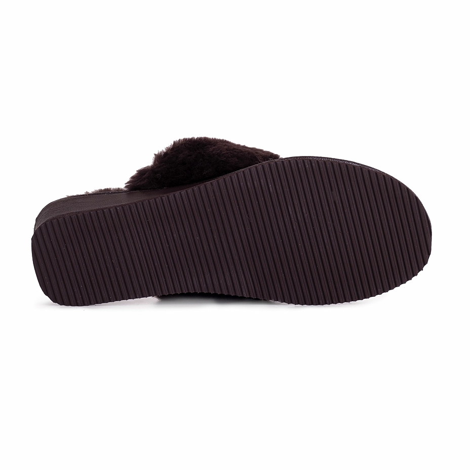 Women's leather wedge slippers with sheep wool Dark brown