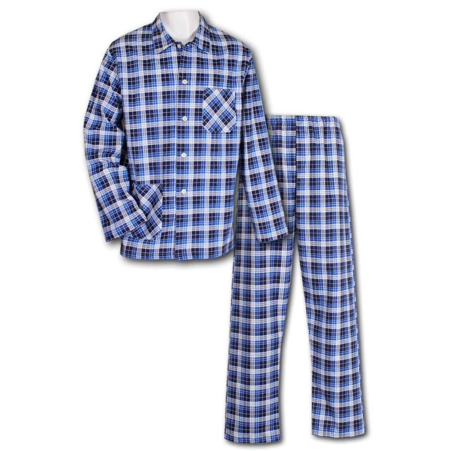 Men's flannel pajamas with long sleeves checkered, blue-white