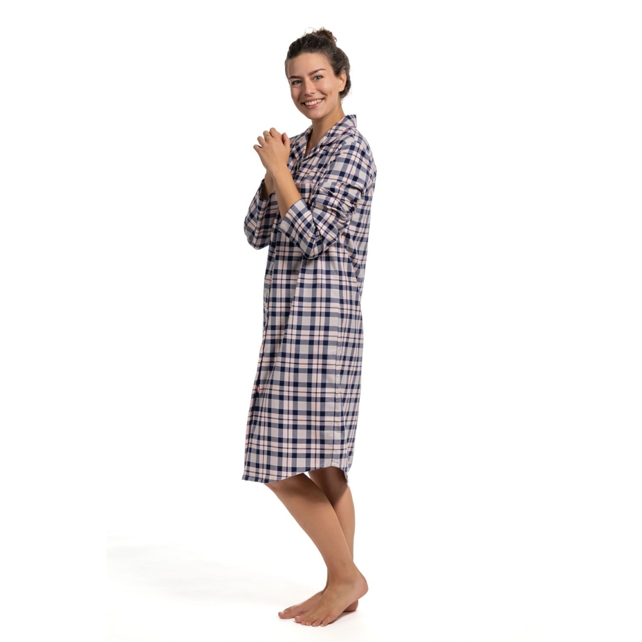 Women's flannel nightgown, checkered pink-blue