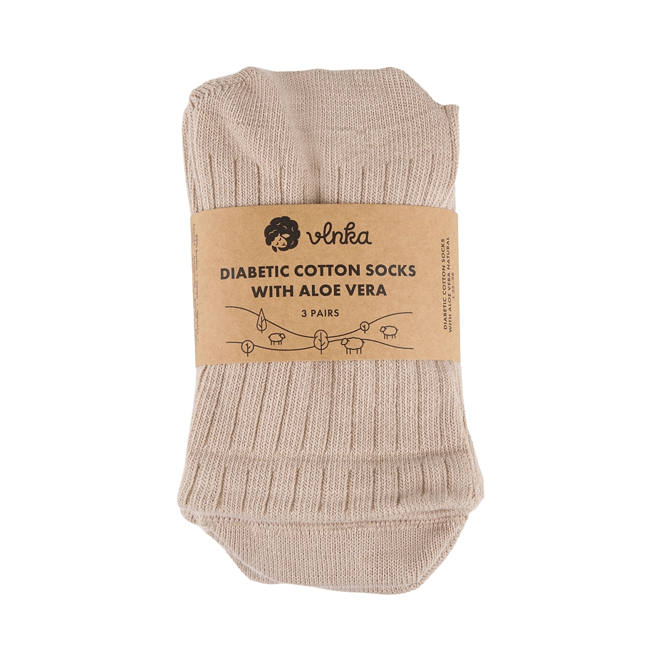 3 Pairs of cotton warm diabetic socks with aloe vera beige
