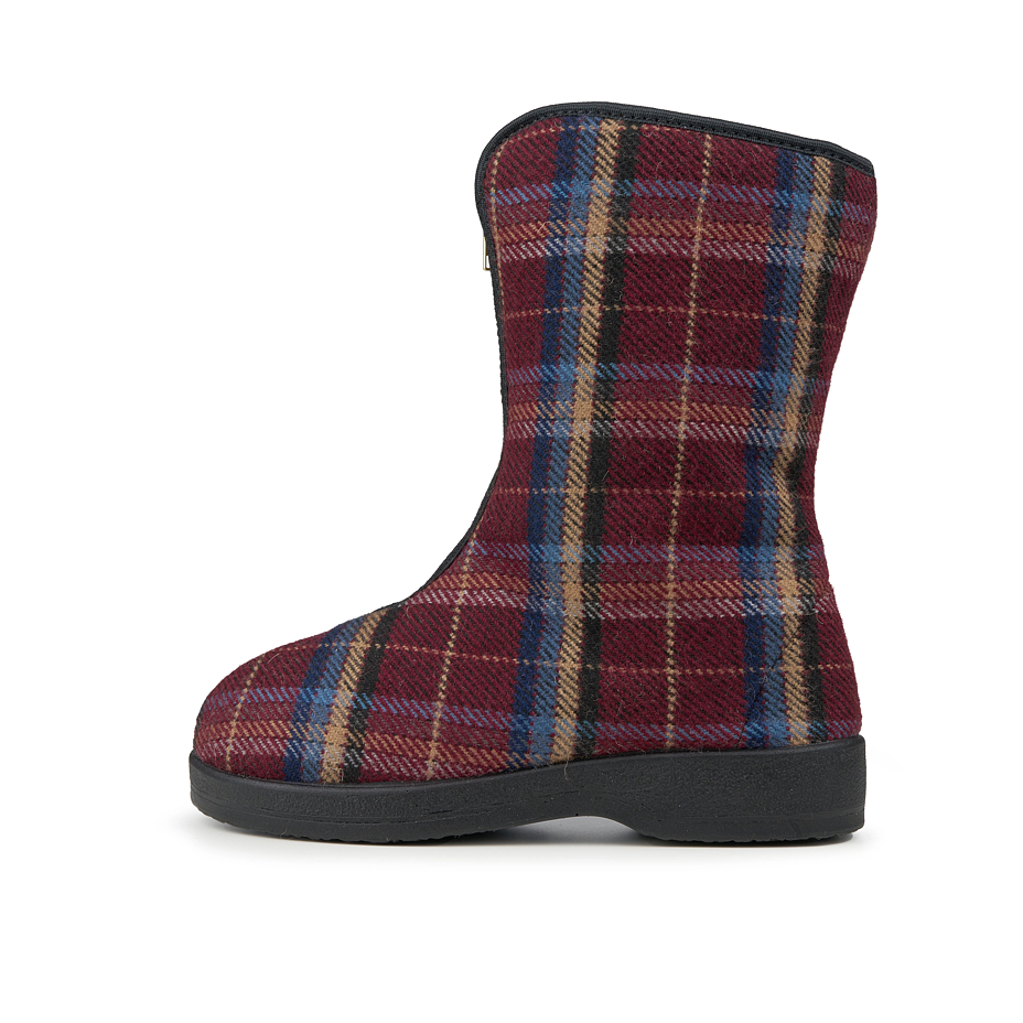 Women's sheep wool zip-up boots, burgundy checkered