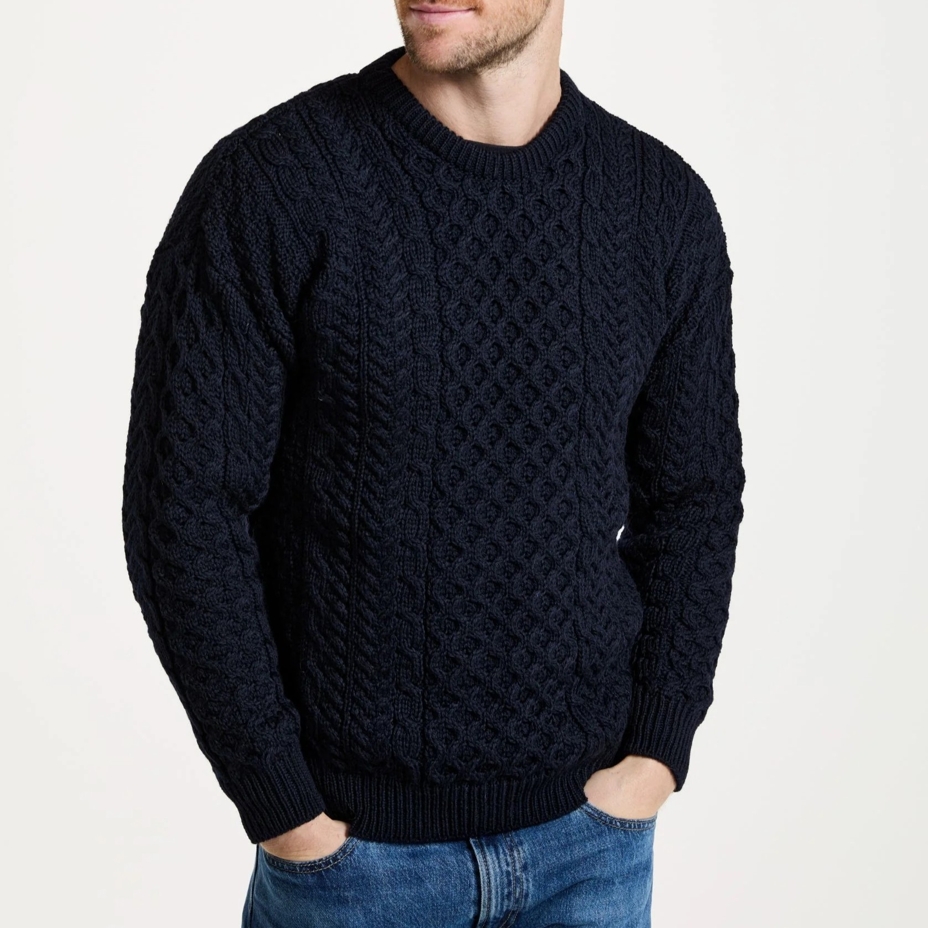 Men's Merino wool sweater with traditional pattern, dark blue