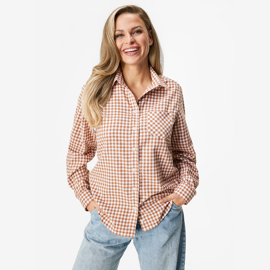Women's flannel shirt with Merino wool, checkered brown