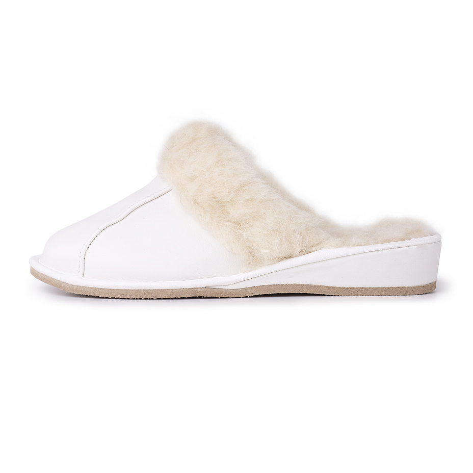 Women's Leather Wedge Heel Slippers with Wool Lining White