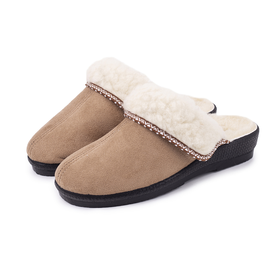 Women's Leather Wedge Heel Slippers with Wool Lining Beige