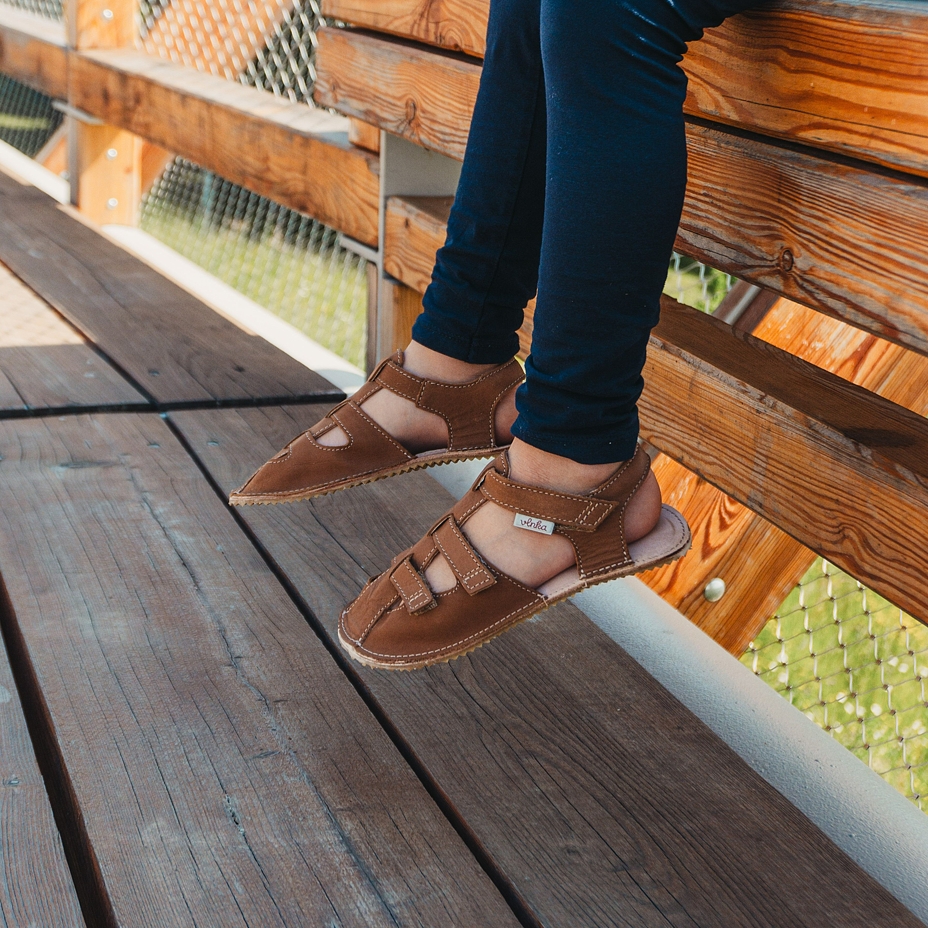 Kids’ Olaf Barefoot Leather Sandals with Velcro Brown