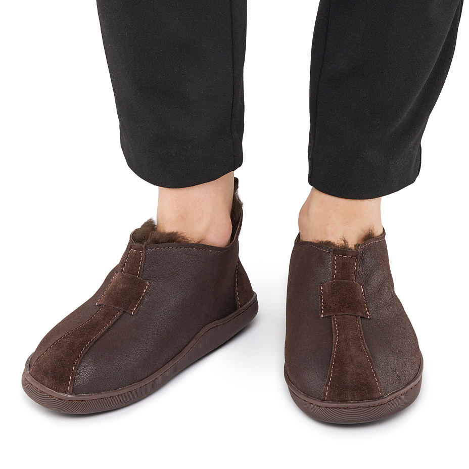 Women’s Petra Leather Slippers with Wool Lining Dark Brown