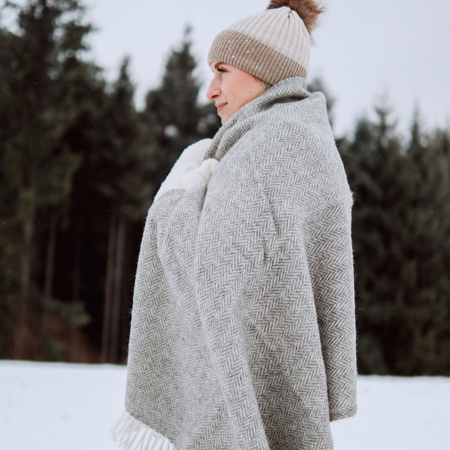 Wool Throw Grey Herringbone