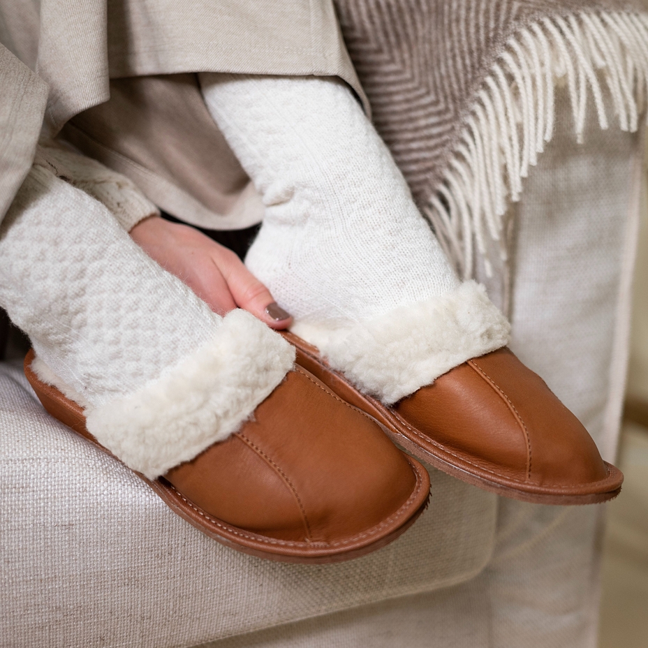 Women's Leather Wedge Heel Slippers with Wool Lining Light Brown