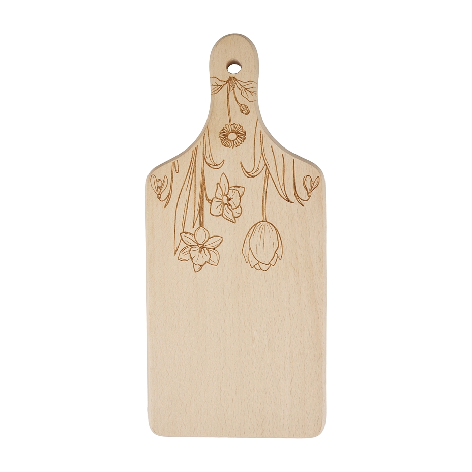 Wooden kitchen cutting board spring flowers
