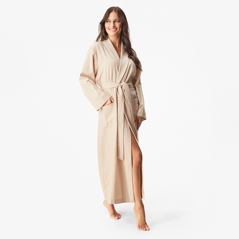 Women's flannel bathrobe with Merino wool stripe beige