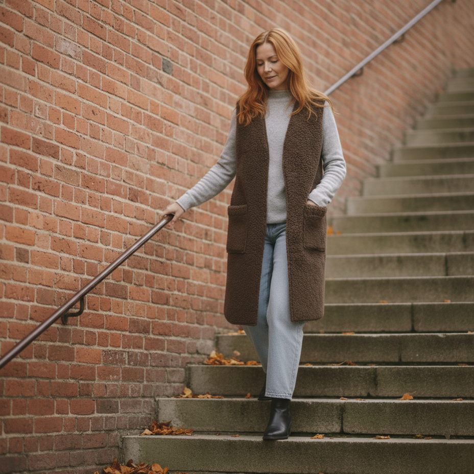 Long Merino vest with pockets brown