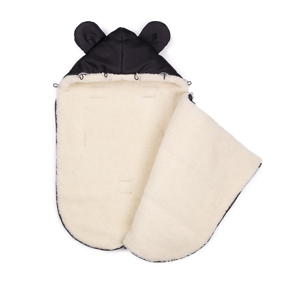 Footmuff  with Wool Lining and Fur Trim Black