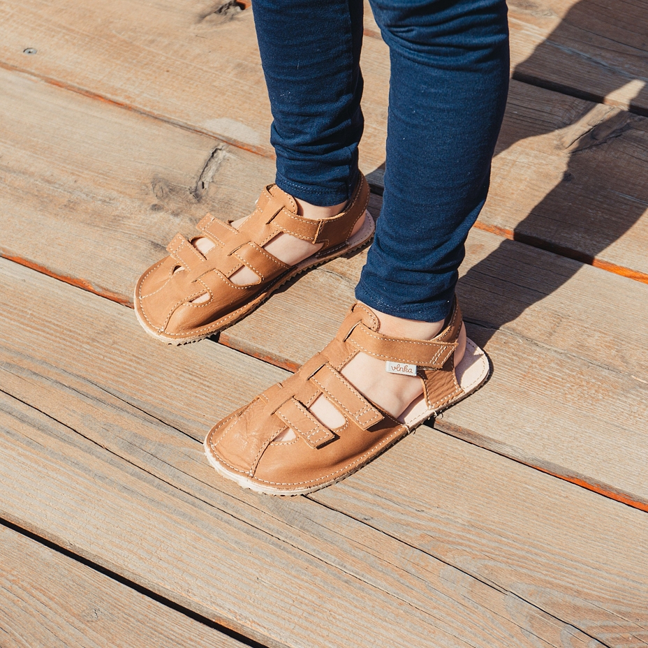 Kids’ Olaf Barefoot Leather Sandals with Velcro Brown