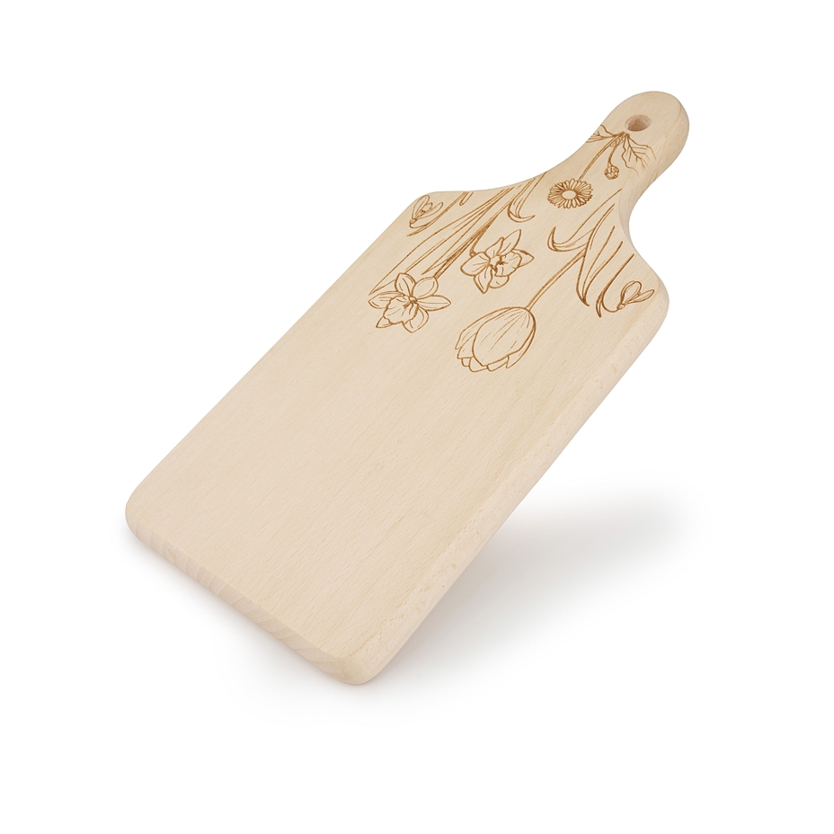Wooden kitchen cutting board spring flowers