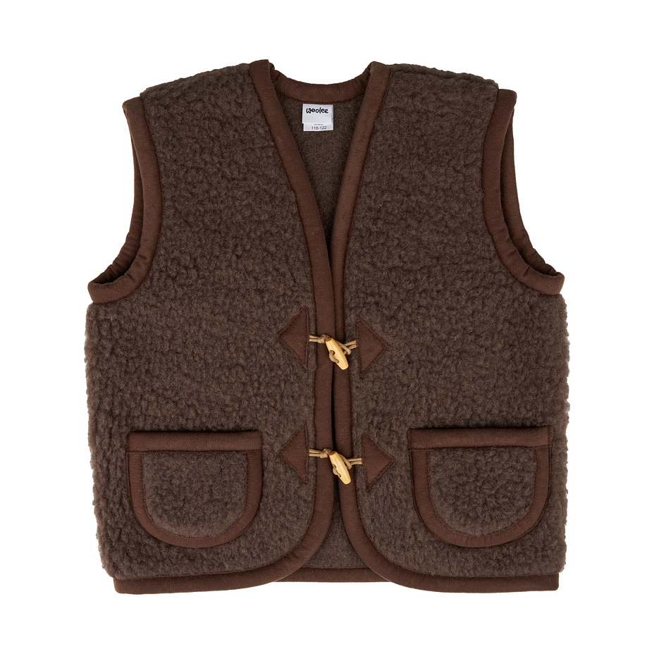 Children's sheep wool vest with buttons brown