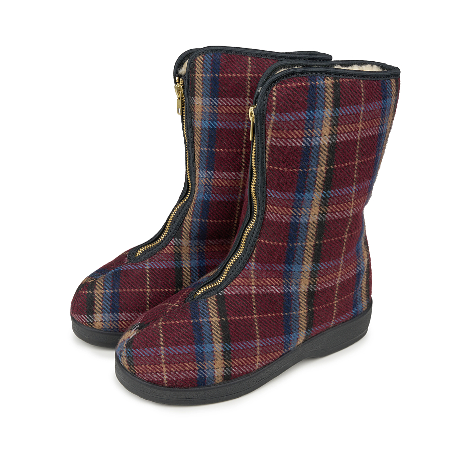 Women's sheep wool zip-up boots, burgundy checkered