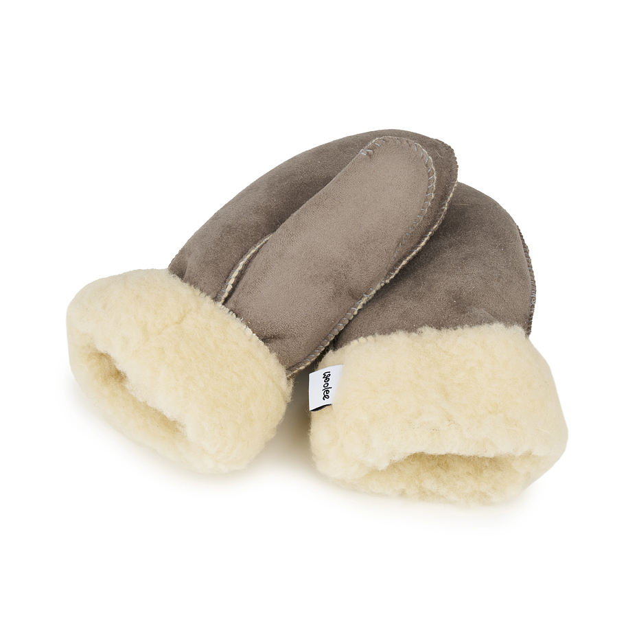 Leather mittens with sheep wool gray