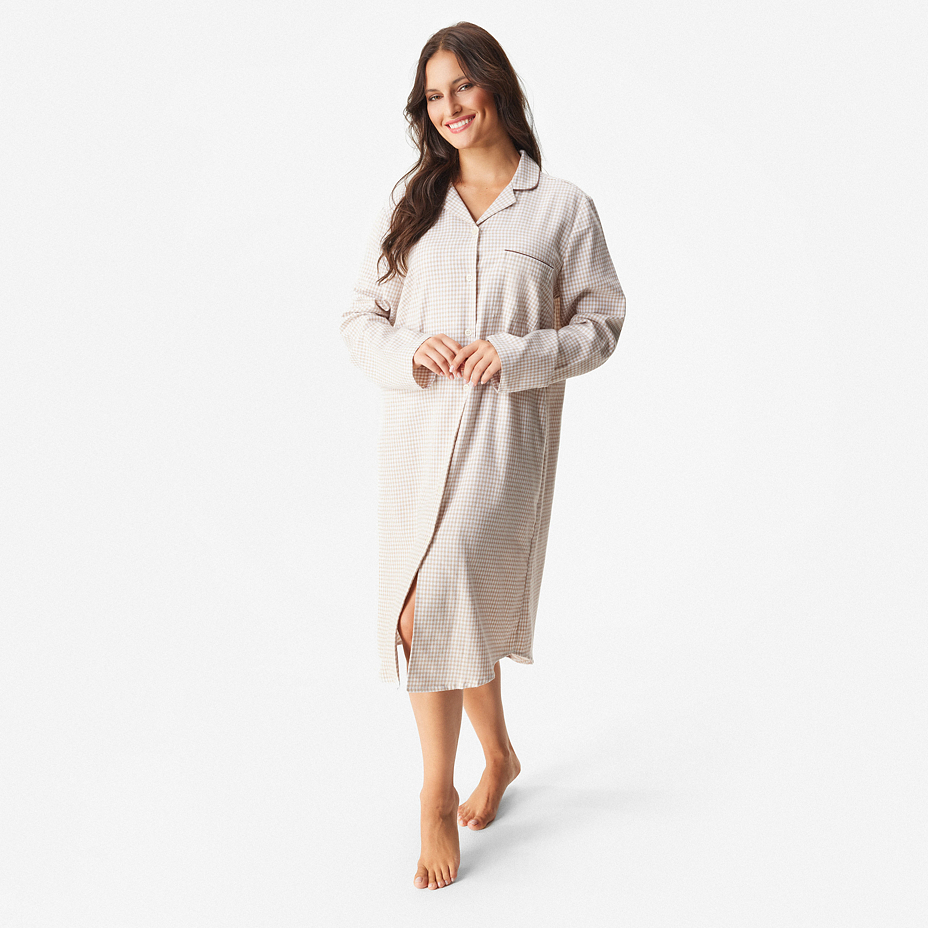 Women's flannel nightgown with Merino wool, checkered beige