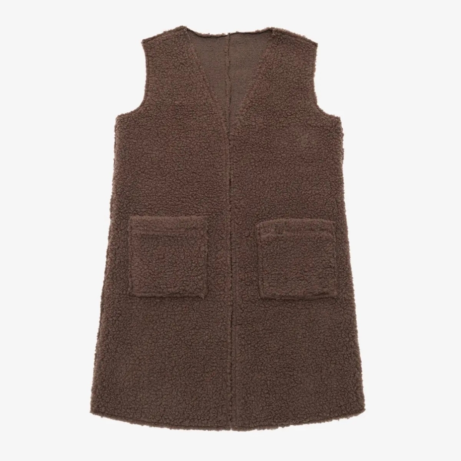 Long Merino vest with pockets brown
