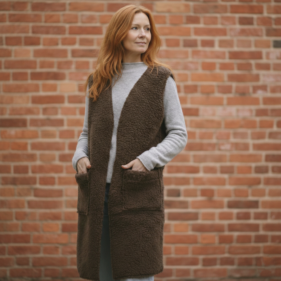 Long Merino vest with pockets brown