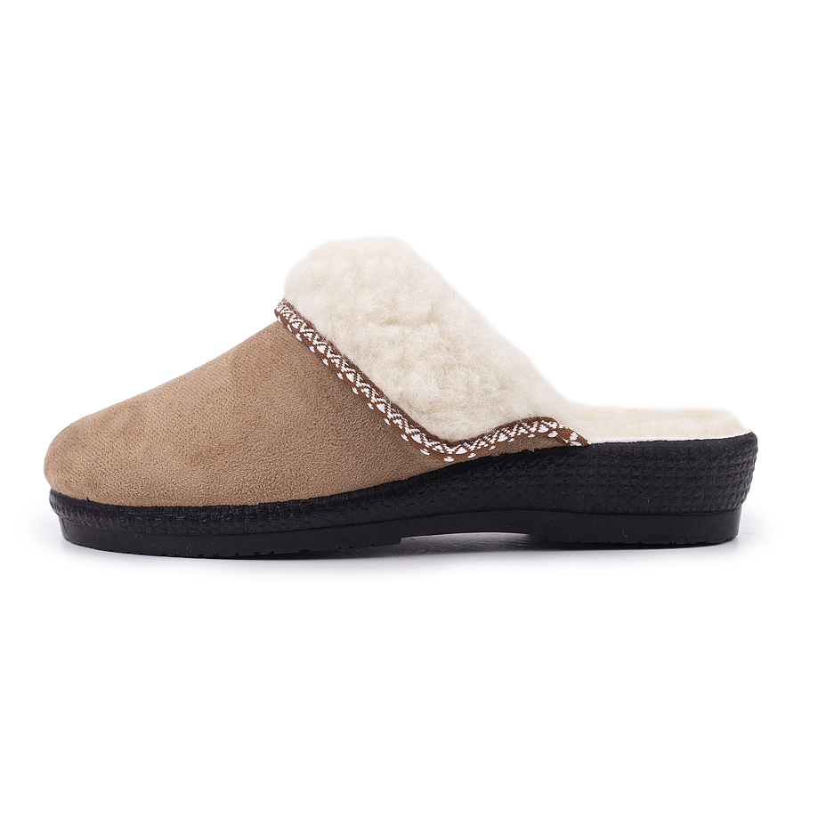 Women's Leather Wedge Heel Slippers with Wool Lining Beige